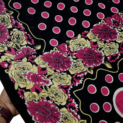 Indian Vintage Sari Black Printed 100% Pure Cotton Saree Craft Fabric 5Yd Sewing Sarong Wrap Boho Floral Dress making Quilting Soft