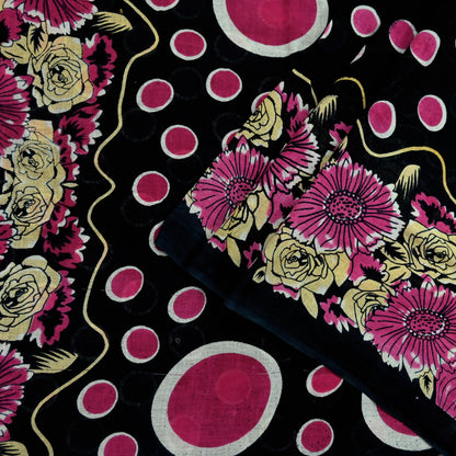 Indian Vintage Sari Black Printed 100% Pure Cotton Saree Craft Fabric 5Yd Sewing Sarong Wrap Boho Floral Dress making Quilting Soft