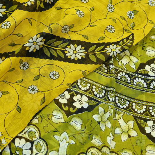 Indian Vintage Sari Yellow & Green Printed Pure Cotton Sarees Craft Fabric 5Yd Soft Sewing Sarong Wrap Boho Floral Dress making Quilting