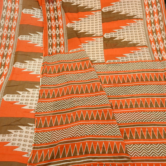 Indian Vintage Sari Orange & Brown Printed Pure Cotton Saree Craft Fabric 5Yd Soft Sewing Sarong Wrap Boho Dress making Crafting Quilting