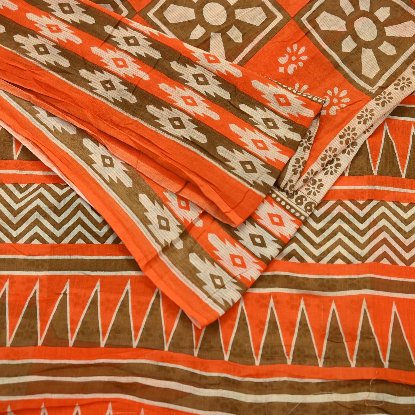 Indian Vintage Sari Orange & Brown Printed Pure Cotton Saree Craft Fabric 5Yd Soft Sewing Sarong Wrap Boho Dress making Crafting Quilting