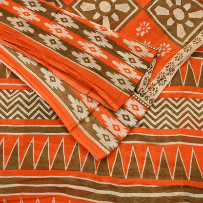 Indian Vintage Sari Orange & Brown Printed Pure Cotton Saree Craft Fabric 5Yd Soft Sewing Sarong Wrap Boho Dress making Crafting Quilting