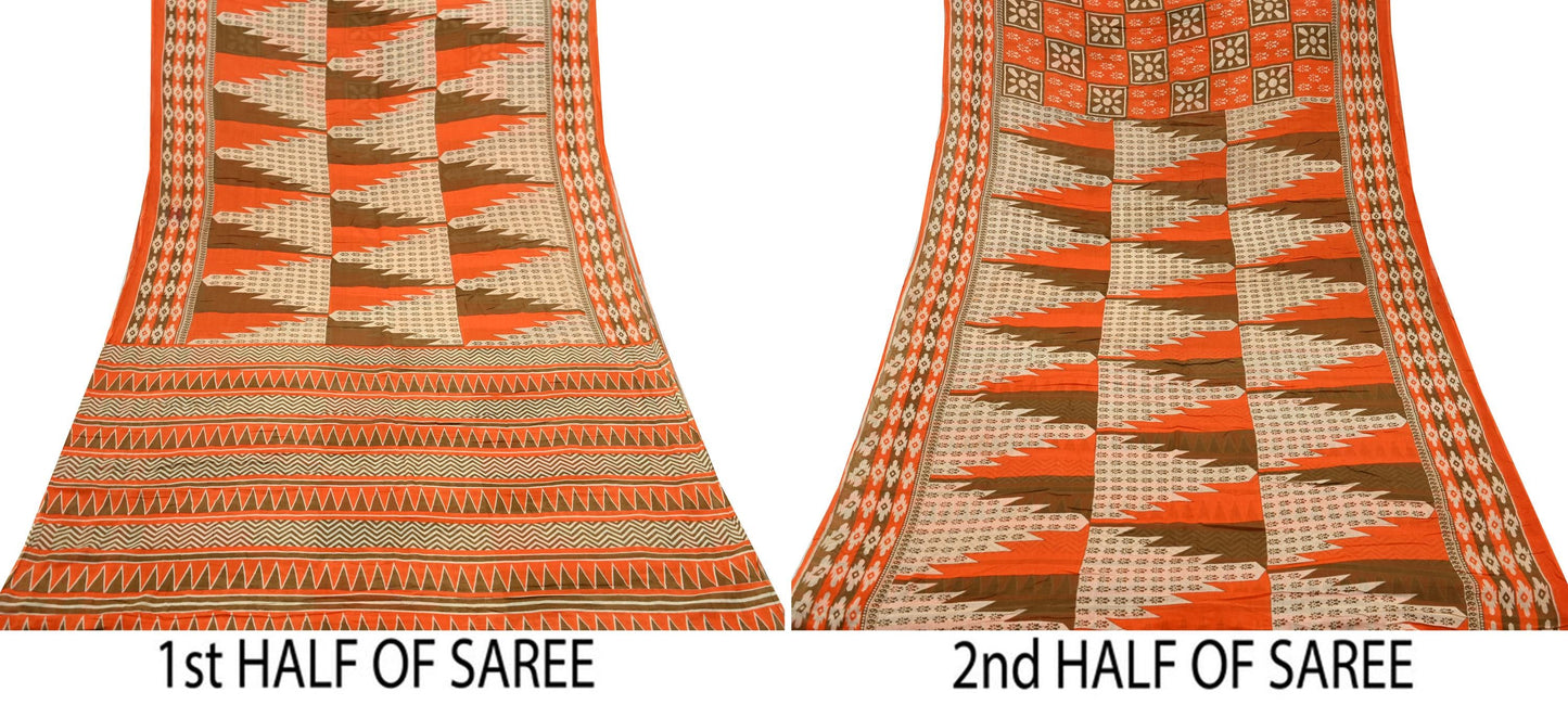 Indian Vintage Sari Orange & Brown Printed Pure Cotton Saree Craft Fabric 5Yd Soft Sewing Sarong Wrap Boho Dress making Crafting Quilting