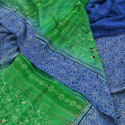 Indian Vintage Sari Blue & Green Pure Crepe Silk Hand Embroidered Kantha Saree 5yd Craft Fabric Sewing Floral Soft Dress making Crafting