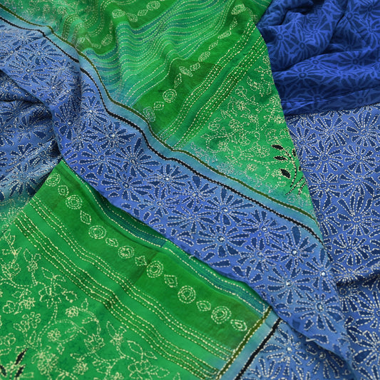 Indian Vintage Sari Blue & Green Pure Crepe Silk Hand Embroidered Kantha Saree 5yd Craft Fabric Sewing Floral Soft Dress making Crafting
