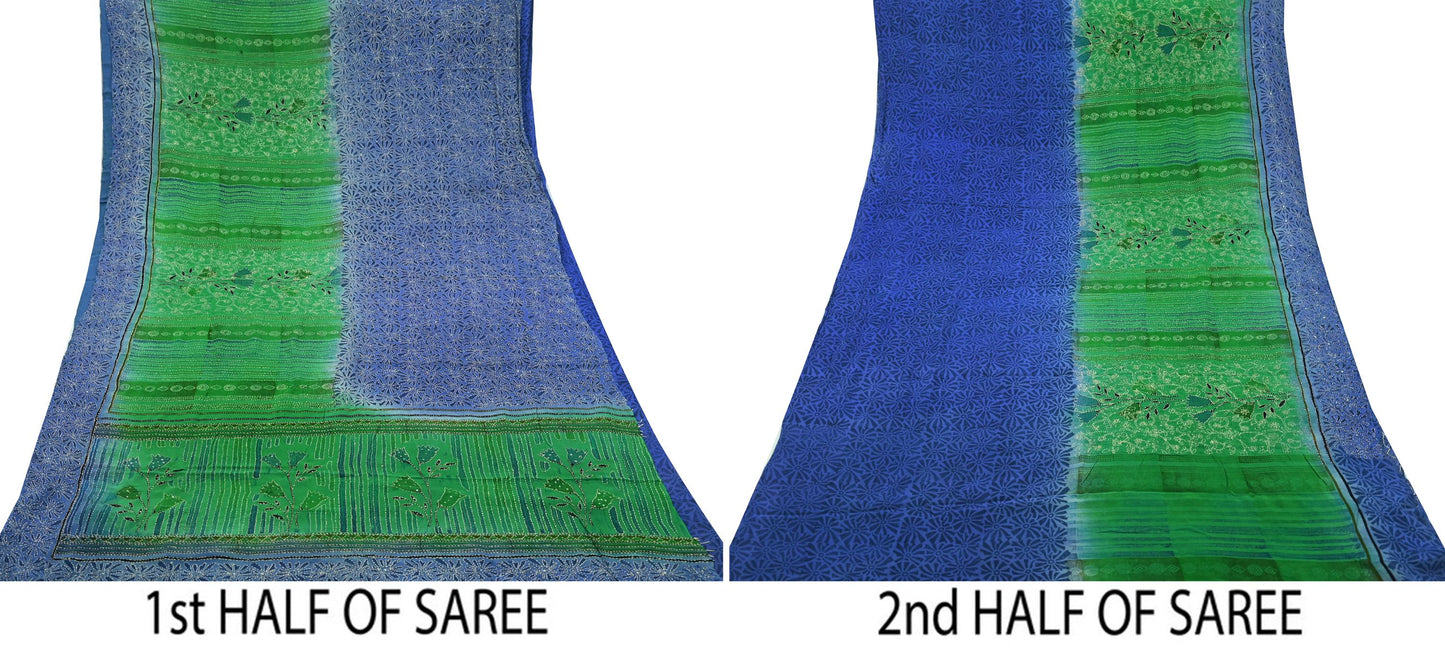 Indian Vintage Sari Blue & Green Pure Crepe Silk Hand Embroidered Kantha Saree 5yd Craft Fabric Sewing Floral Soft Dress making Crafting