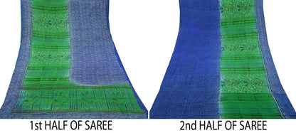 Indian Vintage Sari Blue & Green Pure Crepe Silk Hand Embroidered Kantha Saree 5yd Craft Fabric Sewing Floral Soft Dress making Crafting