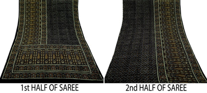 Indian Vintage Sari Black Pure Crepe Silk Block Printed Sarees 5yd Sewing Floral Soft Craft Fabric Wrap Dress making Crafting Quilting