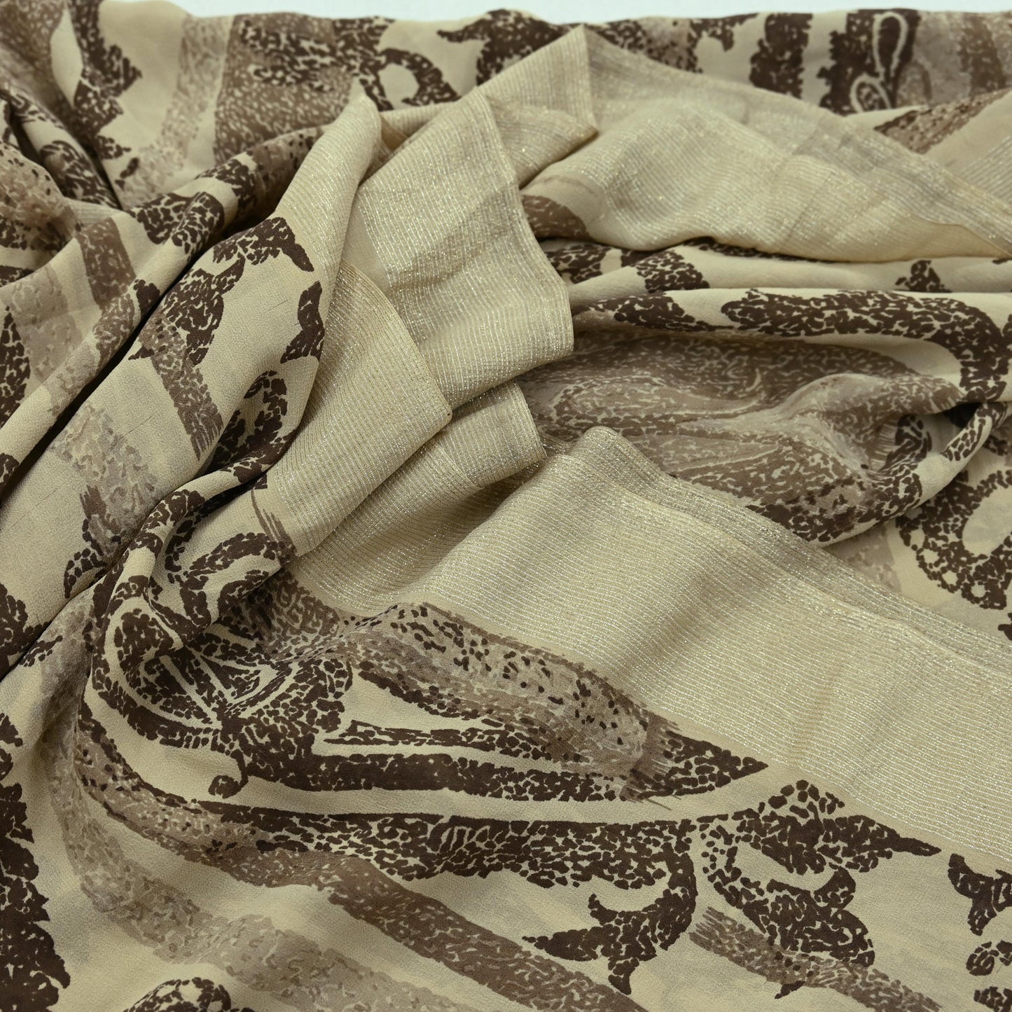 Indian Vintage Sari Beige Pure Georgette Silk Printed Sarees 5Yd Craft Fabric Sewing Quilting Dress making Crafting Quilting Upcycle