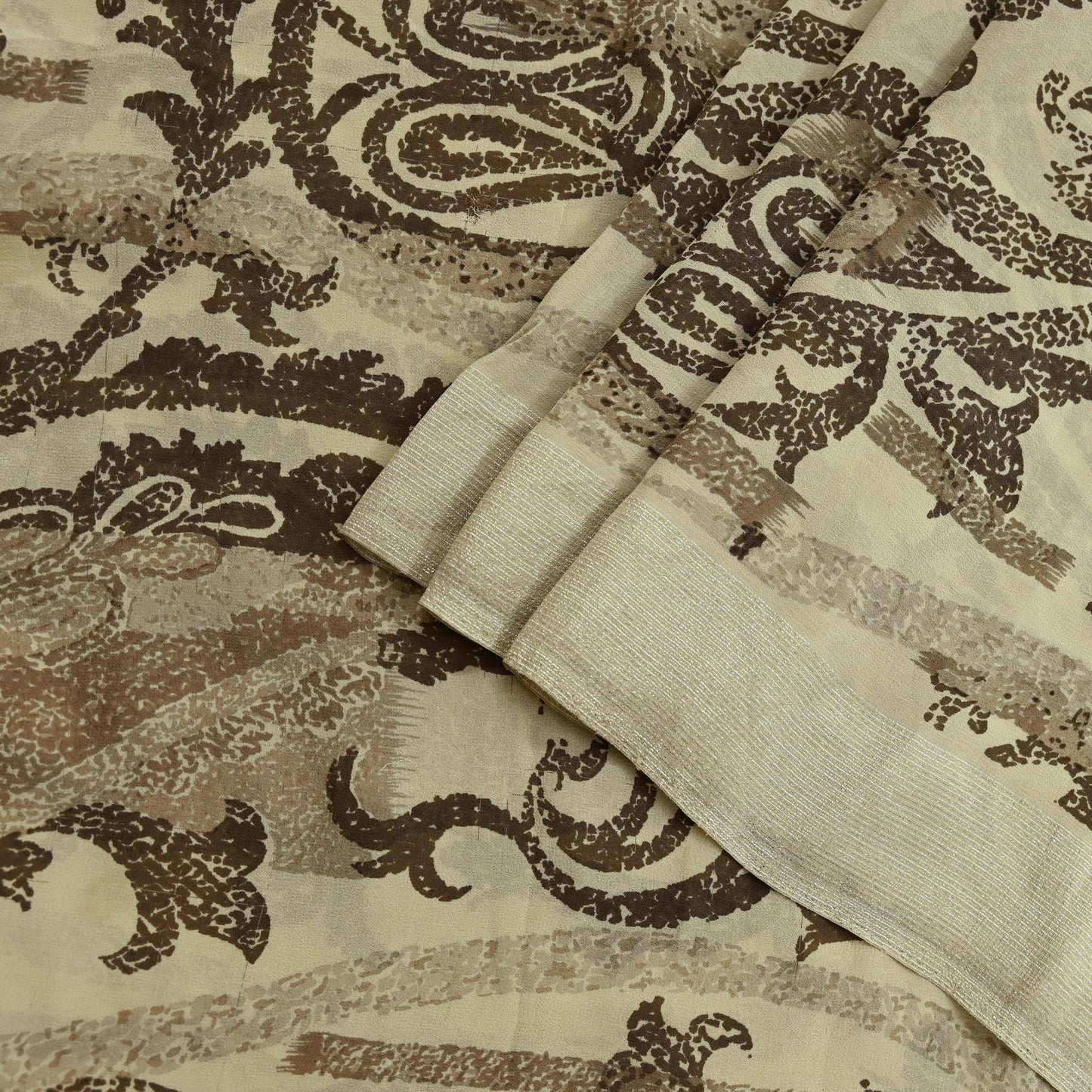 Indian Vintage Sari Beige Pure Georgette Silk Printed Sarees 5Yd Craft Fabric Sewing Quilting Dress making Crafting Quilting Upcycle