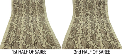 Indian Vintage Sari Beige Pure Georgette Silk Printed Sarees 5Yd Craft Fabric Sewing Quilting Dress making Crafting Quilting Upcycle