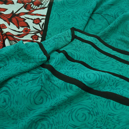 Indian Vintage Sari Green 100% Pure Georgette Silk Hand Block Printed Sarees Sewing 5yd Craft Fabric Soft Dress Designing for Crafting