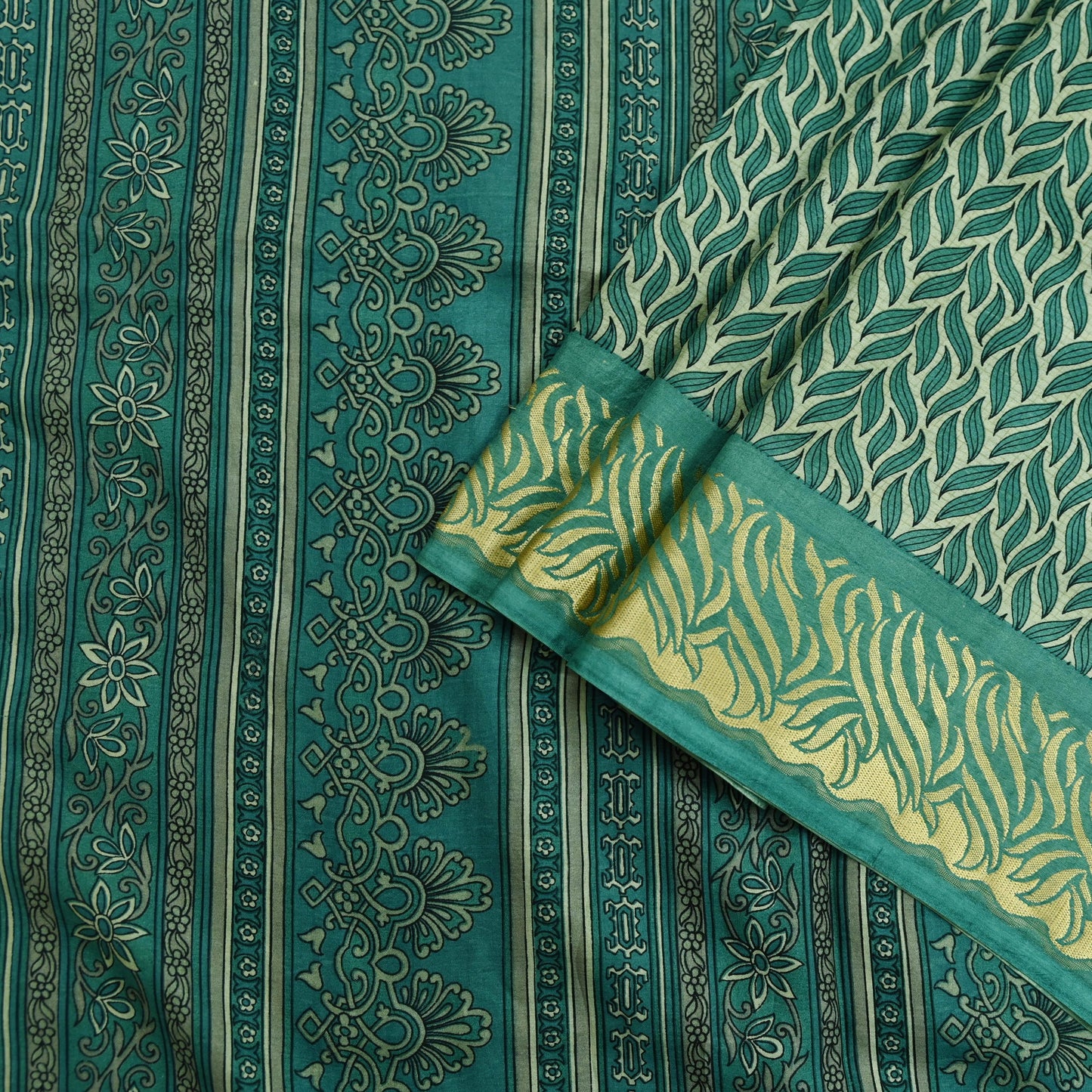 Indian Vintage Sari Beige & Green Pure Silk Printed Saree Craft Fabric 5yd Sewing DressMaking Soft Crafting Quilting Upcycle
