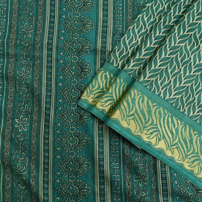 Indian Vintage Sari Beige & Green Pure Silk Printed Saree Craft Fabric 5yd Sewing DressMaking Soft Crafting Quilting Upcycle