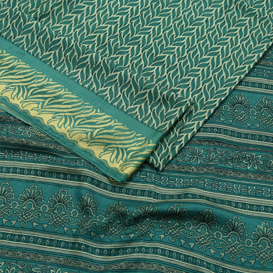 Indian Vintage Sari Beige & Green Pure Silk Printed Saree Craft Fabric 5yd Sewing DressMaking Soft Crafting Quilting Upcycle