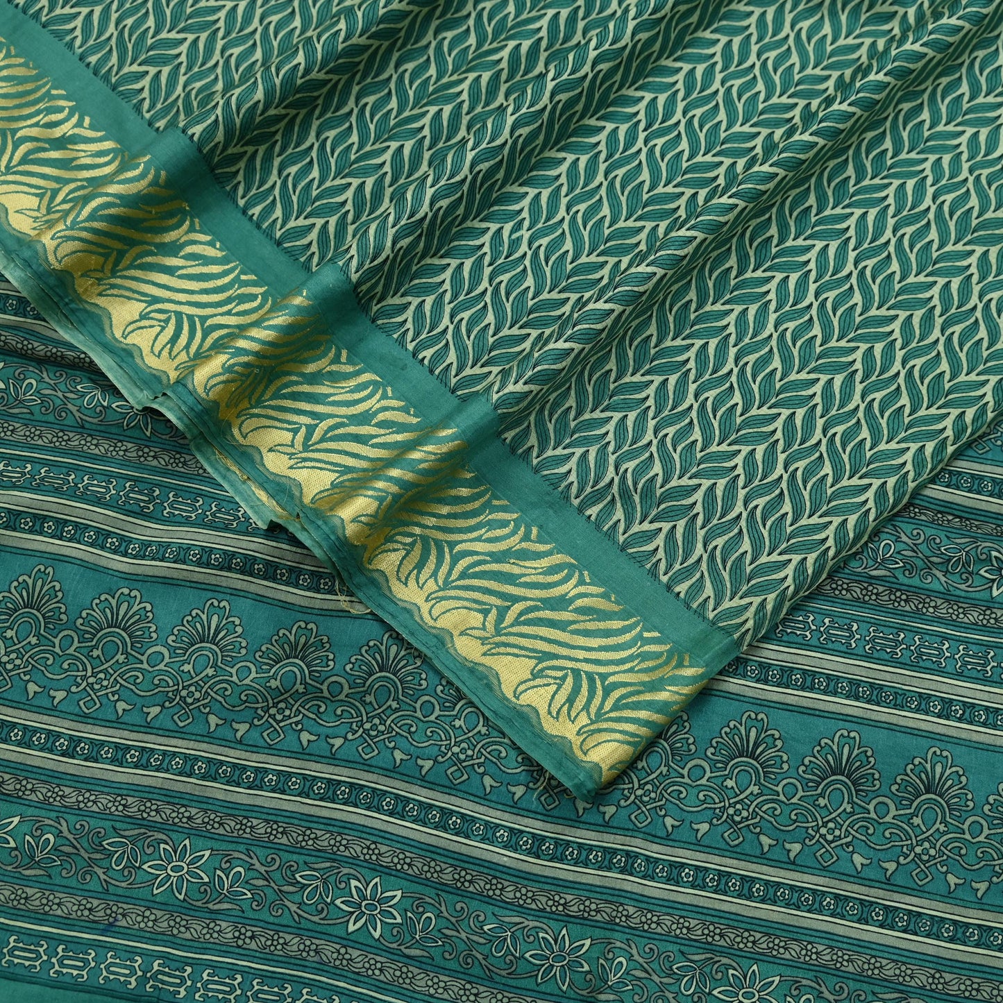 Indian Vintage Sari Beige & Green Pure Silk Printed Saree Craft Fabric 5yd Sewing DressMaking Soft Crafting Quilting Upcycle