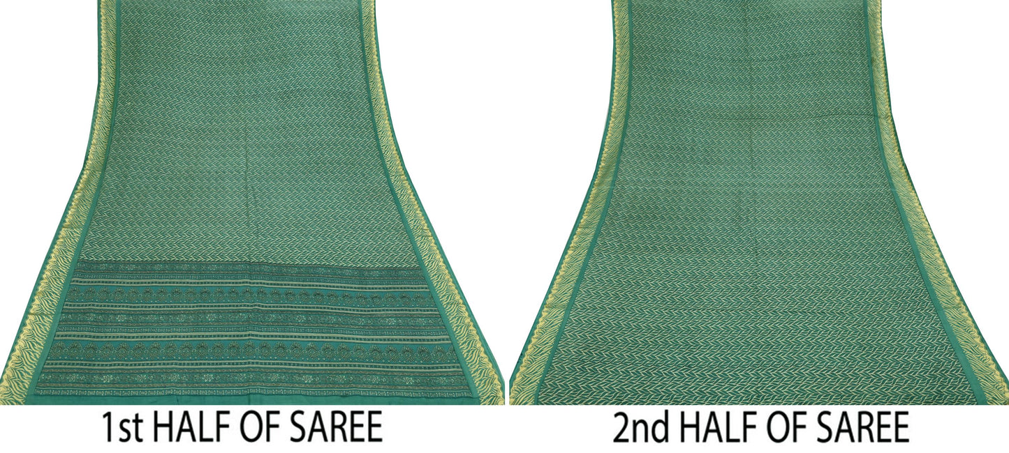 Indian Vintage Sari Beige & Green Pure Silk Printed Saree Craft Fabric 5yd Sewing DressMaking Soft Crafting Quilting Upcycle