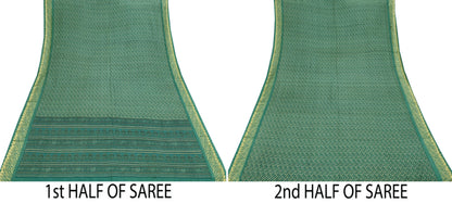 Indian Vintage Sari Beige & Green Pure Silk Printed Saree Craft Fabric 5yd Sewing DressMaking Soft Crafting Quilting Upcycle