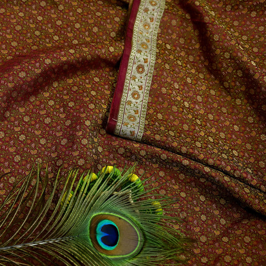 Indian Vintage Sari Maroon Heavy Wedding Pure Satin Silk Woven Banarasi Tanchoi Saree 5Yd Ethnic Craft Fabric Upcycle Bridal Heavy Sarees