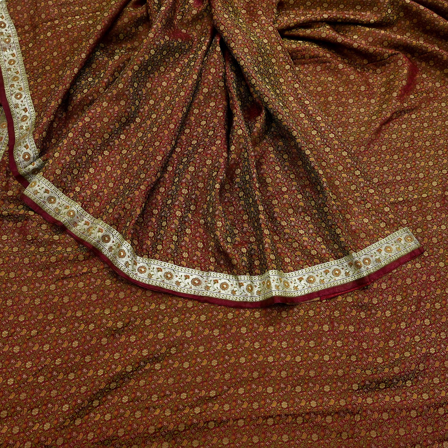 Indian Vintage Sari Maroon Heavy Wedding Pure Satin Silk Woven Banarasi Tanchoi Saree 5Yd Ethnic Craft Fabric Upcycle Bridal Heavy Sarees