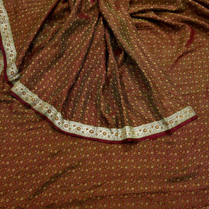 Indian Vintage Sari Maroon Heavy Wedding Pure Satin Silk Woven Banarasi Tanchoi Saree 5Yd Ethnic Craft Fabric Upcycle Bridal Heavy Sarees