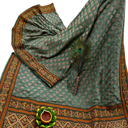 Vintage Heavy Wedding Green Sari Hand Embroidered Banarsi Brocade Sarees Zari/Zardozi/Dabka 5Yd Dress making Crafting Quilting