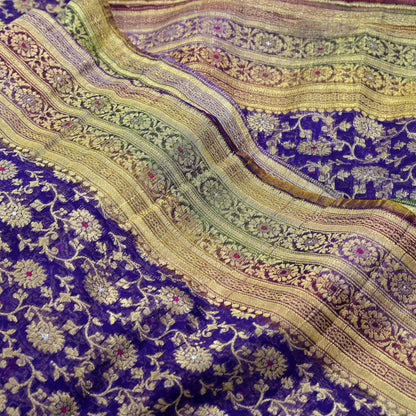 Indian Vintage Sari Heavy Purple Pure Organza Silk Woven Brocade Banarasi Sarees Zari 5Yd Ethnic Fabric Dress Making Wedding Sarees