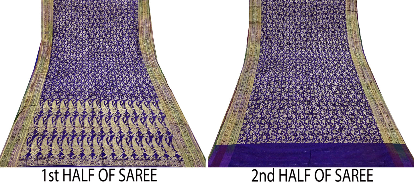 Indian Vintage Sari Heavy Purple Pure Organza Silk Woven Brocade Banarasi Sarees Zari 5Yd Ethnic Fabric Dress Making Wedding Sarees