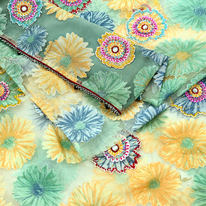 Indian Vintage Wedding Sari Green Organza hand Embroidered Saree Craft Fabric 5Yd Sewing Ethnic Bollywood sarees Dress making