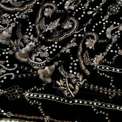Indian Vintage Heavy Sari Black Pure Georgette Silk Hand Beaded Sarees Craft Fabric 5Yd Sewing Soft Ethnic Wedding Heavy Sarees Dress making