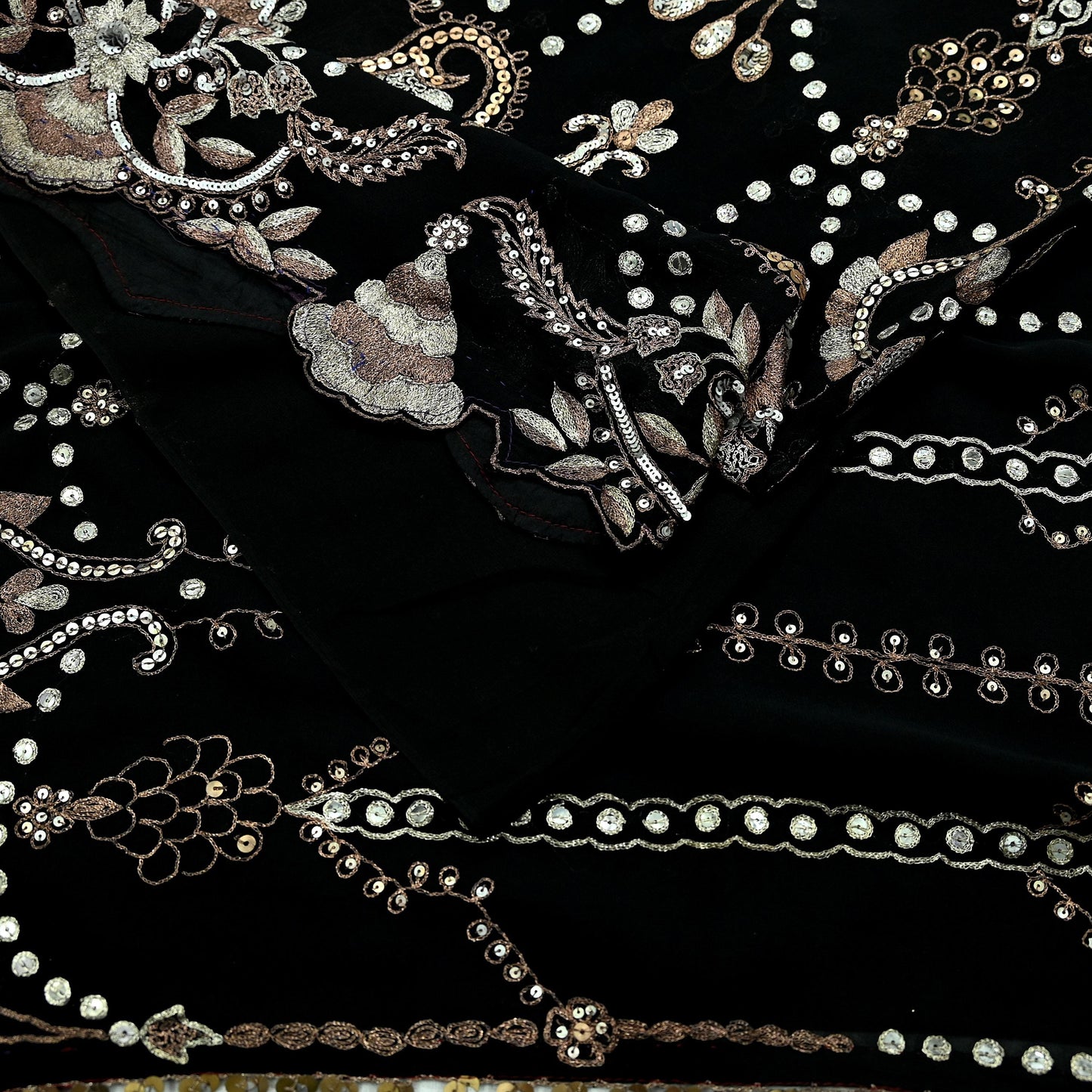 Indian Vintage Heavy Sari Black Pure Georgette Silk Hand Beaded Sarees Craft Fabric 5Yd Sewing Soft Ethnic Wedding Heavy Sarees Dress making