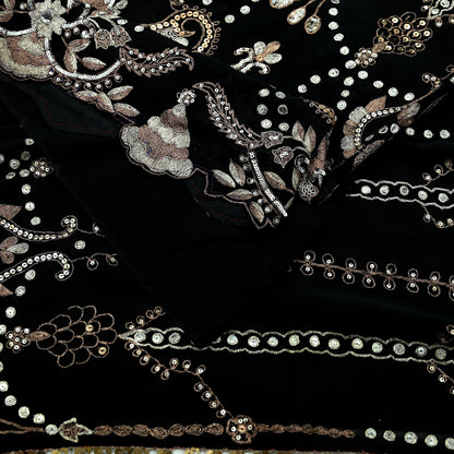 Indian Vintage Heavy Sari Black Pure Georgette Silk Hand Beaded Sarees Craft Fabric 5Yd Sewing Soft Ethnic Wedding Heavy Sarees Dress making