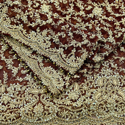 Indian Vintage Heavy Wedding Maroon Dupatta Net Mesh Long Stole Hand Embroidered Scarves Golden Zardozi Zari Sequins Dridal Veil Hijab