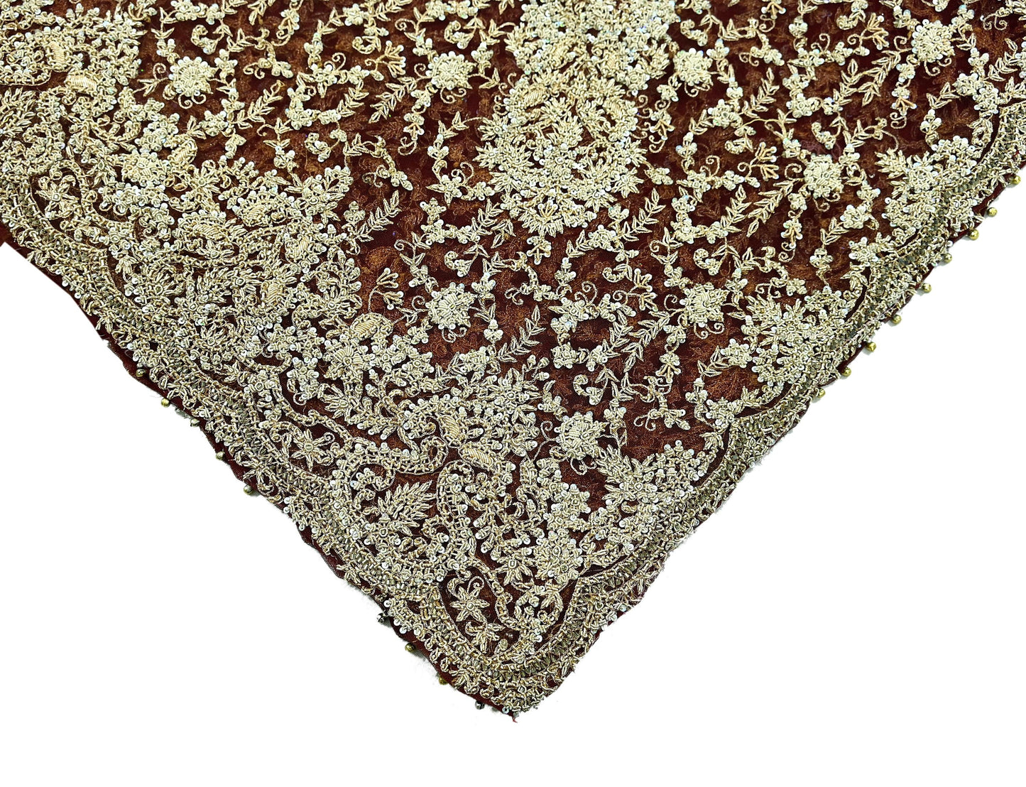 Indian Vintage Heavy Wedding Maroon Dupatta Net Mesh Long Stole Hand Embroidered Scarves Golden Zardozi Zari Sequins Dridal Veil Hijab