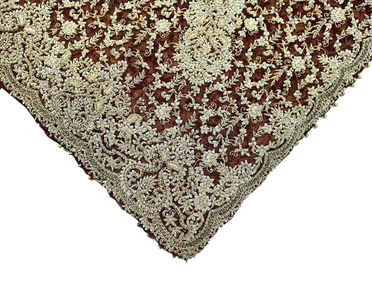 Indian Vintage Heavy Wedding Maroon Dupatta Net Mesh Long Stole Hand Embroidered Scarves Golden Zardozi Zari Sequins Dridal Veil Hijab