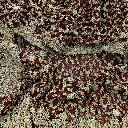 Indian Vintage Heavy Wedding Maroon Dupatta Net Mesh Long Stole Hand Embroidered Scarves Golden Zardozi Zari Sequins Dridal Veil Hijab