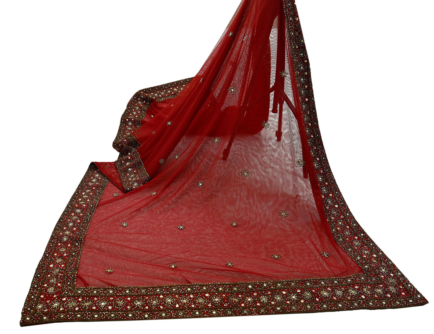 Indian Vintage Heavy Dark Red Dupatta Net Mesh Long Stole Hand Embroidered Scarves Golden Zardozi Dabka Zari Sequins