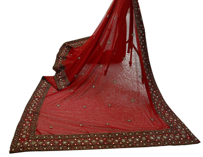 Indian Vintage Heavy Dark Red Dupatta Net Mesh Long Stole Hand Embroidered Scarves Golden Zardozi Dabka Zari Sequins