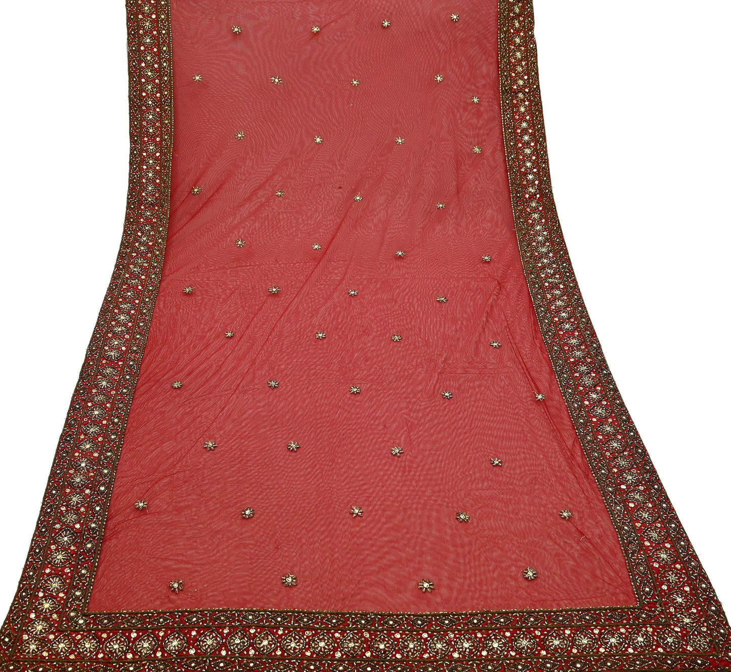 Indian Vintage Heavy Dark Red Dupatta Net Mesh Long Stole Hand Embroidered Scarves Golden Zardozi Dabka Zari Sequins