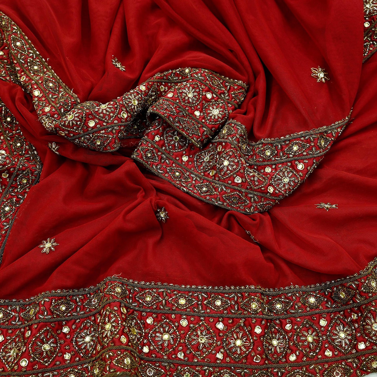 Indian Vintage Heavy Dark Red Dupatta Net Mesh Long Stole Hand Embroidered Scarves Golden Zardozi Dabka Zari Sequins