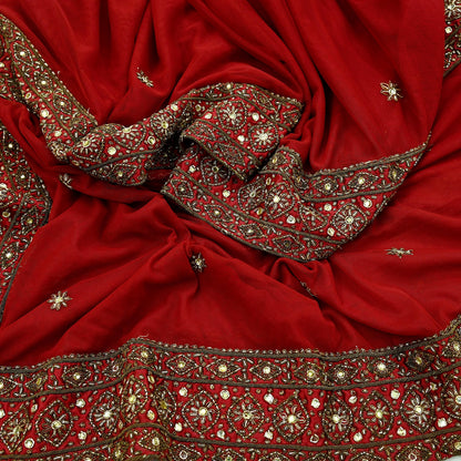 Indian Vintage Heavy Dark Red Dupatta Net Mesh Long Stole Hand Embroidered Scarves Golden Zardozi Dabka Zari Sequins