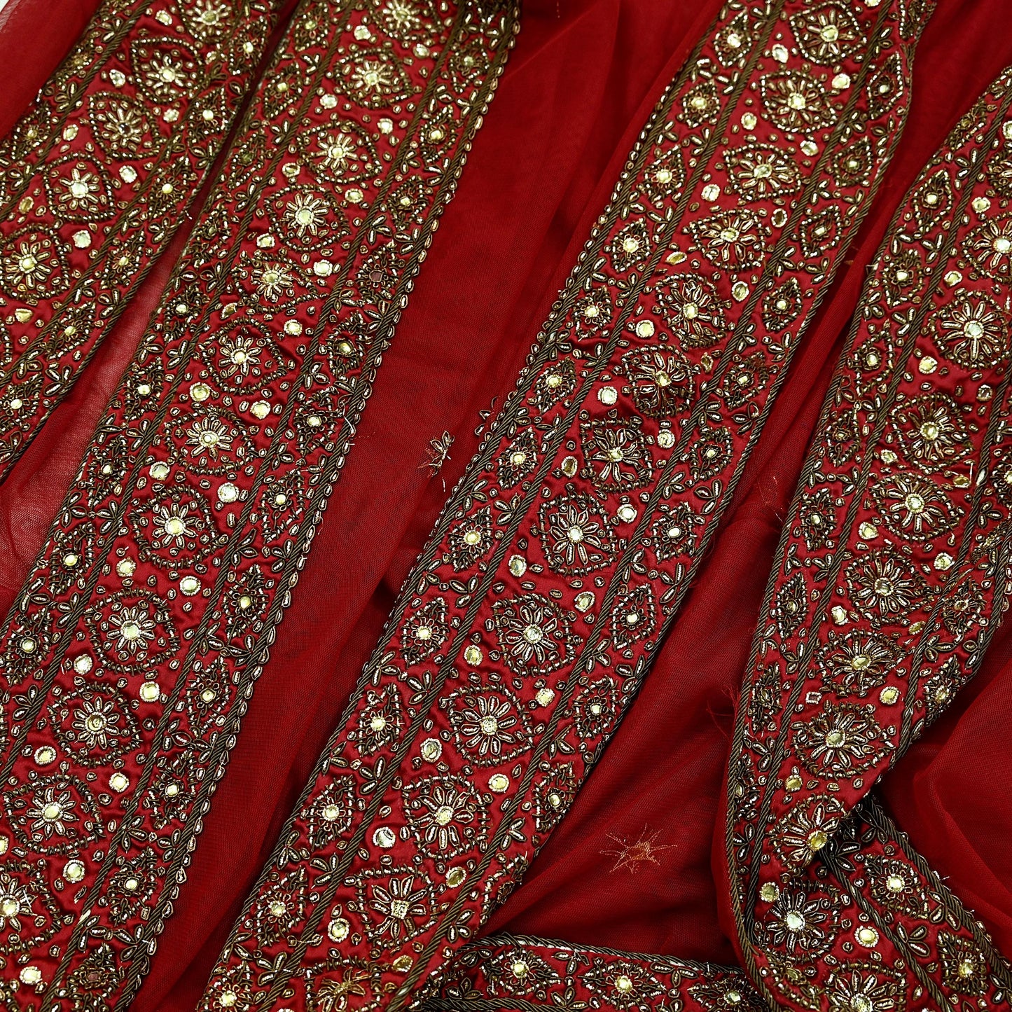 Indian Vintage Heavy Dark Red Dupatta Net Mesh Long Stole Hand Embroidered Scarves Golden Zardozi Dabka Zari Sequins