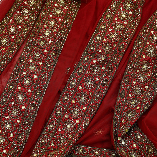 Indian Vintage Heavy Dark Red Dupatta Net Mesh Long Stole Hand Embroidered Scarves Golden Zardozi Dabka Zari Sequins