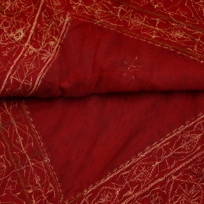 Indian Vintage Heavy Dark Red Dupatta Net Mesh Long Stole Hand Embroidered Scarves Golden Zardozi Dabka Zari Sequins