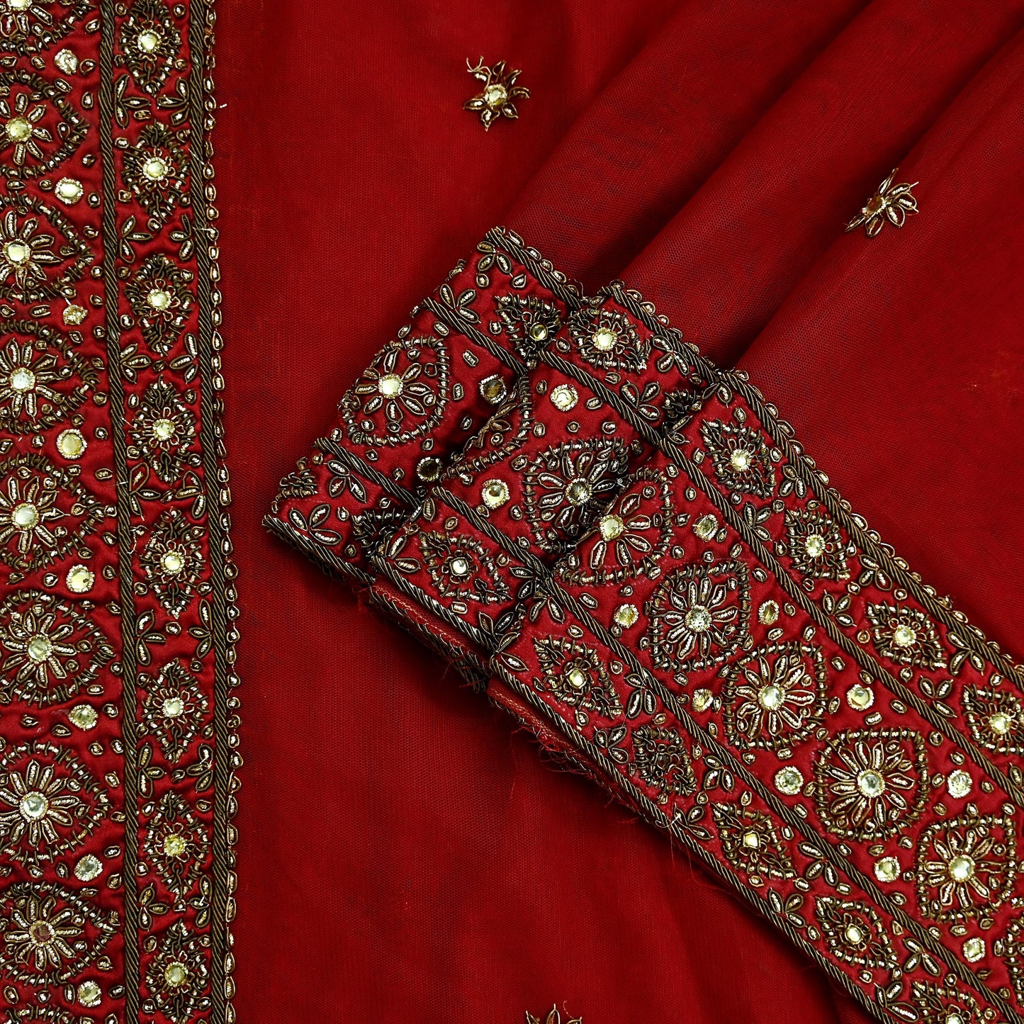 Indian Vintage Heavy Dark Red Dupatta Net Mesh Long Stole Hand Embroidered Scarves Golden Zardozi Dabka Zari Sequins