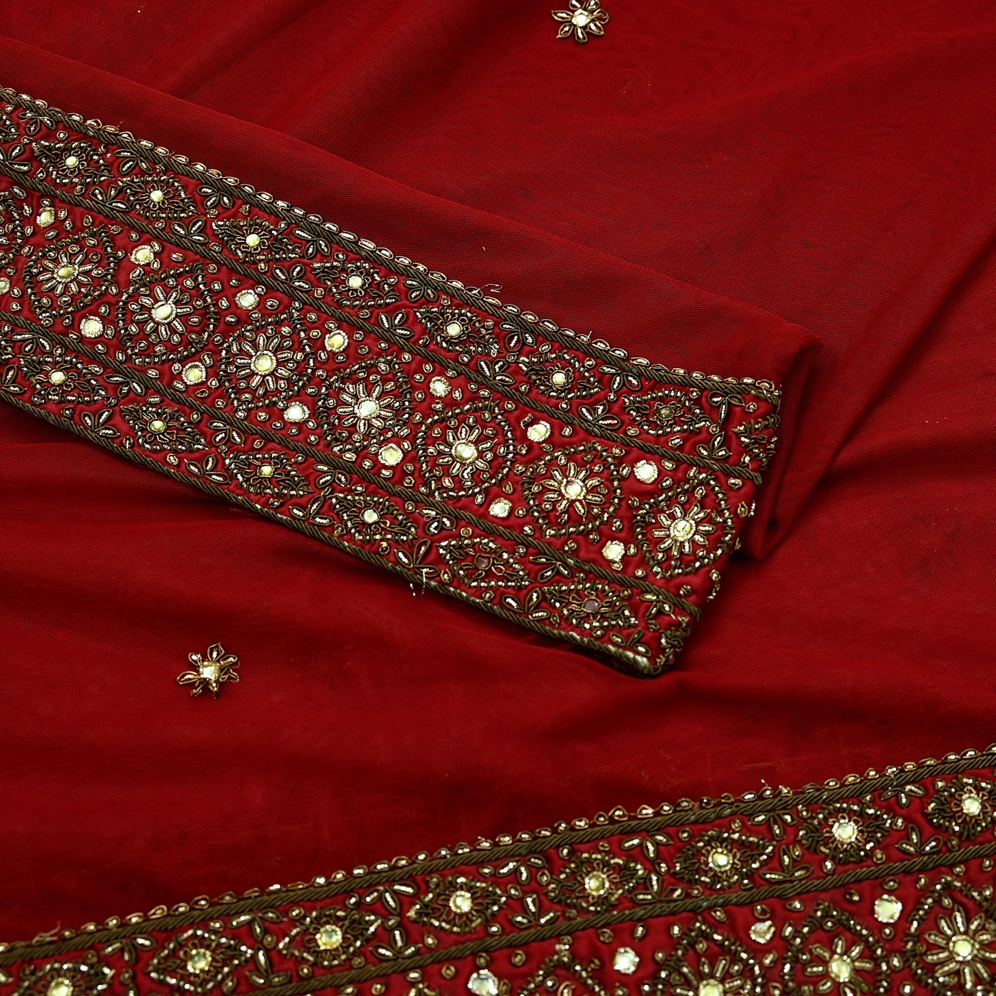 Indian Vintage Heavy Dark Red Dupatta Net Mesh Long Stole Hand Embroidered Scarves Golden Zardozi Dabka Zari Sequins
