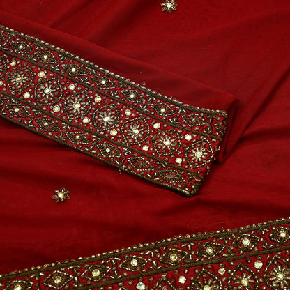 Indian Vintage Heavy Dark Red Dupatta Net Mesh Long Stole Hand Embroidered Scarves Golden Zardozi Dabka Zari Sequins