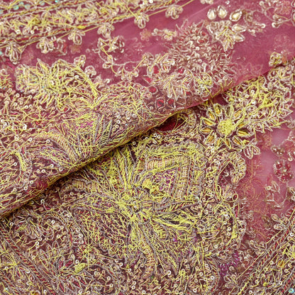 Indian Vintage Heavy Pink Dupatta Net Mesh Long Stole Hand Embroidered Scarves Golden Zardozi Dabka Zari Sequins Wedding Dupatta Party Wear