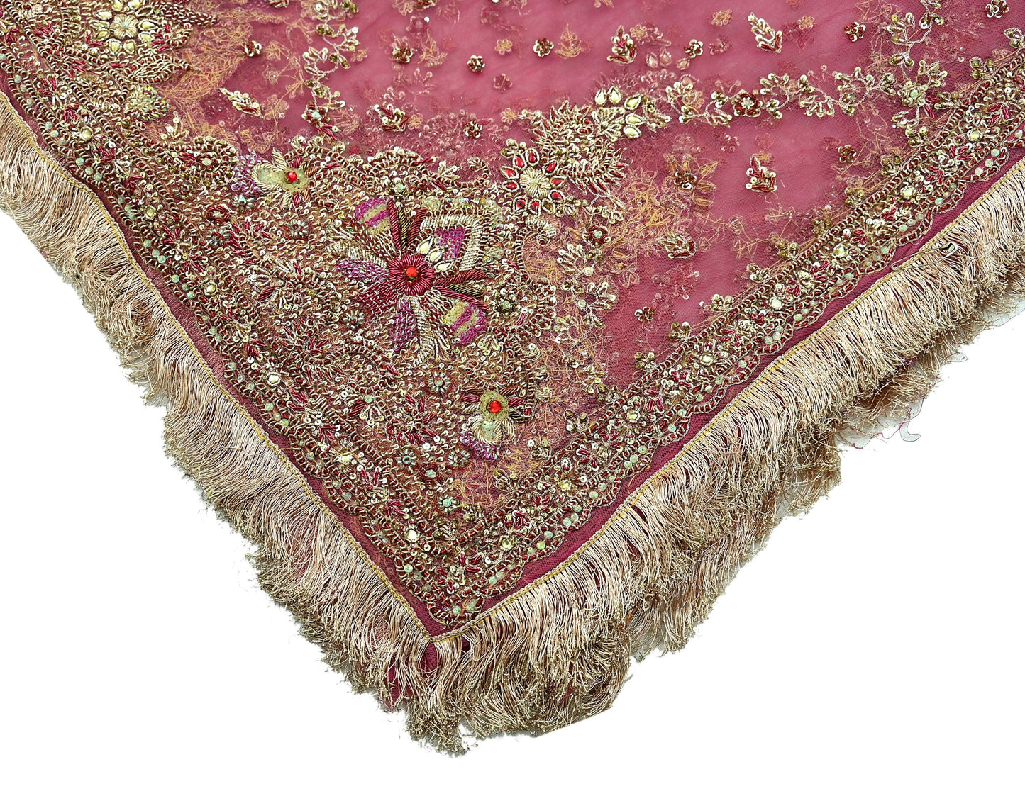 Indian Vintage Heavy Pink Dupatta Net Mesh Long Stole Hand Embroidered Scarves Golden Zardozi Dabka Zari Sequins Wedding Dupatta Party Wear