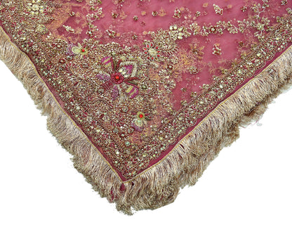 Indian Vintage Heavy Pink Dupatta Net Mesh Long Stole Hand Embroidered Scarves Golden Zardozi Dabka Zari Sequins Wedding Dupatta Party Wear